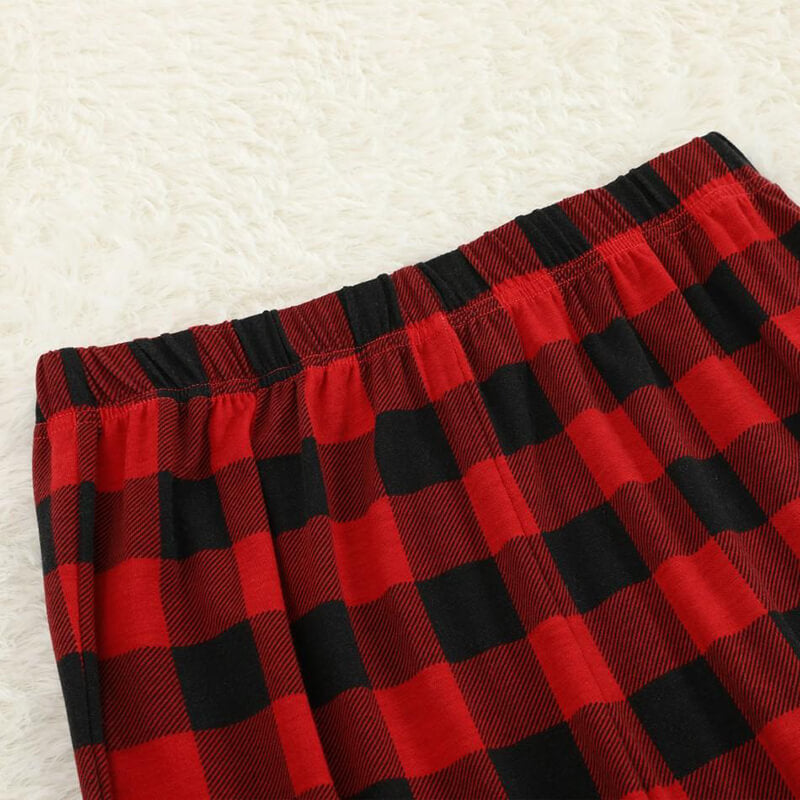 Christmas ”Ho Ho Ho“ Letter Print Santa Claus & Gingerbread & Elk Patterned Contrast Black top and Black & Red Plaid Pants Family Matching Pajamas Set With Dog Bandana