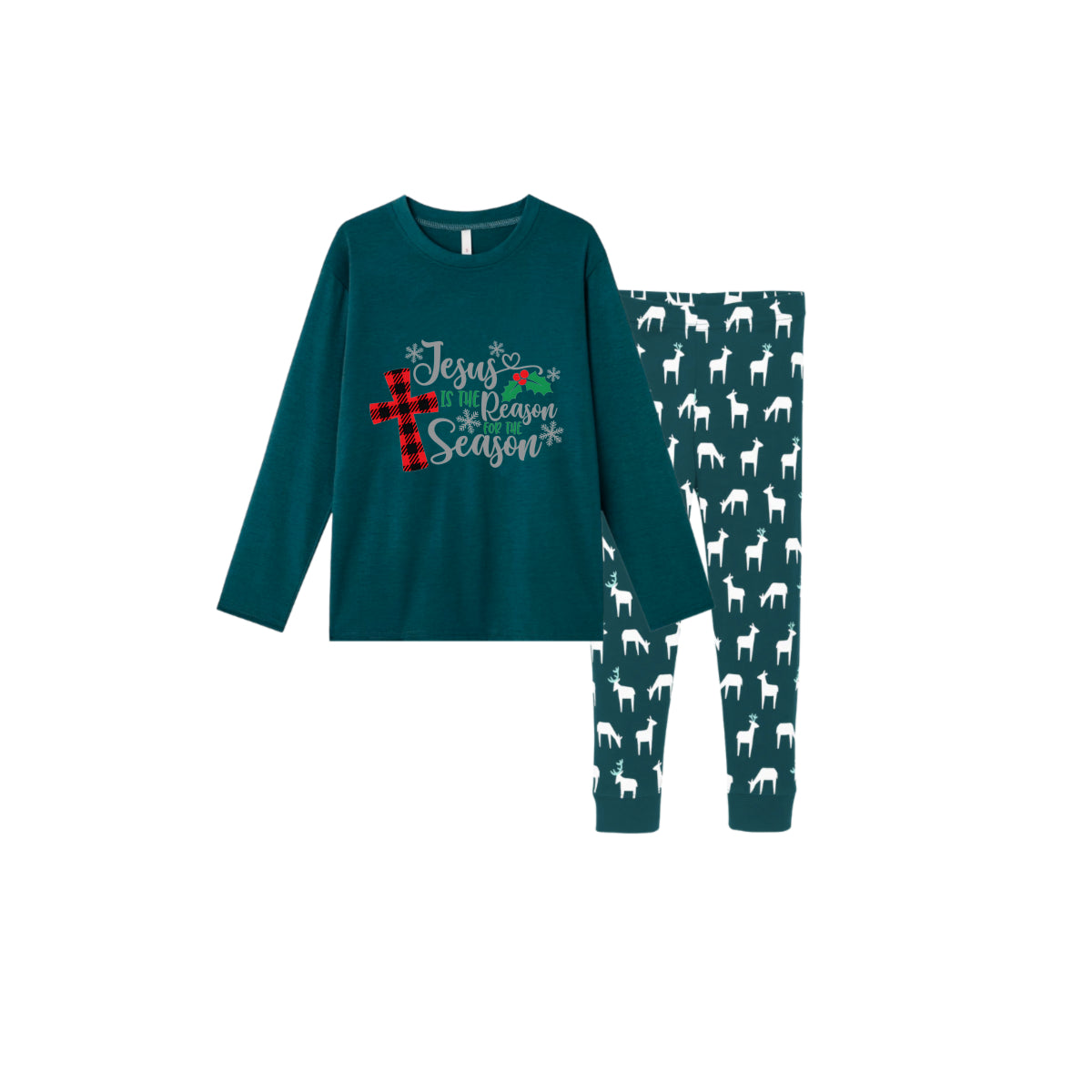 Christmas Family Matching Pajamas-Dark Green&Deer Patterned Pjs Set with "Jesus Is The Season For The Season" Print