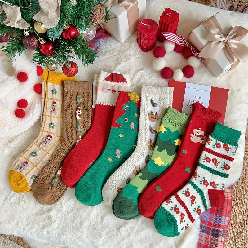 New Women's Mid Calf Socks Christmas Cute Cartoon Embossed Couple Socks Japanese Socks