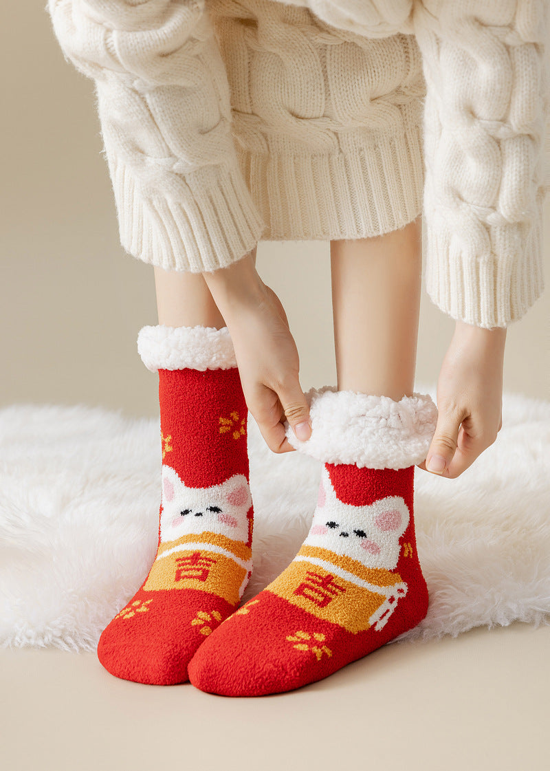 Lamb Velvet Socks Women's Winter Sleep Socks Silicone Non-Slip Floor Socks Christmas Red Socks