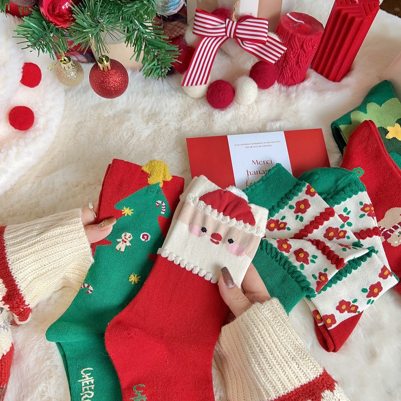 New Women's Mid Calf Socks Christmas Cute Cartoon Embossed Couple Socks Japanese Socks