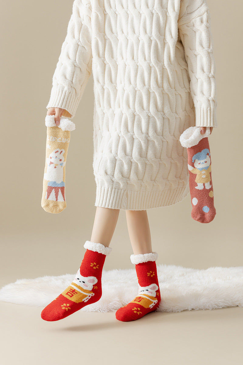 Lamb Velvet Socks Women's Winter Sleep Socks Silicone Non-Slip Floor Socks Christmas Red Socks