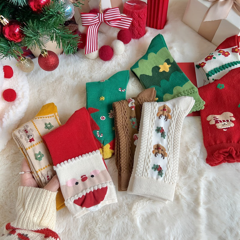 New Women's Mid Calf Socks Christmas Cute Cartoon Embossed Couple Socks Japanese Socks