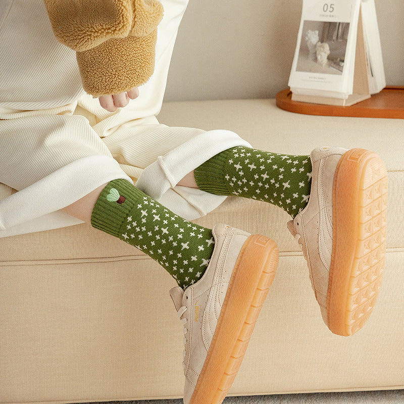 Christmas Green Plush Cotton Thick Embroidery Terry Sports Socks