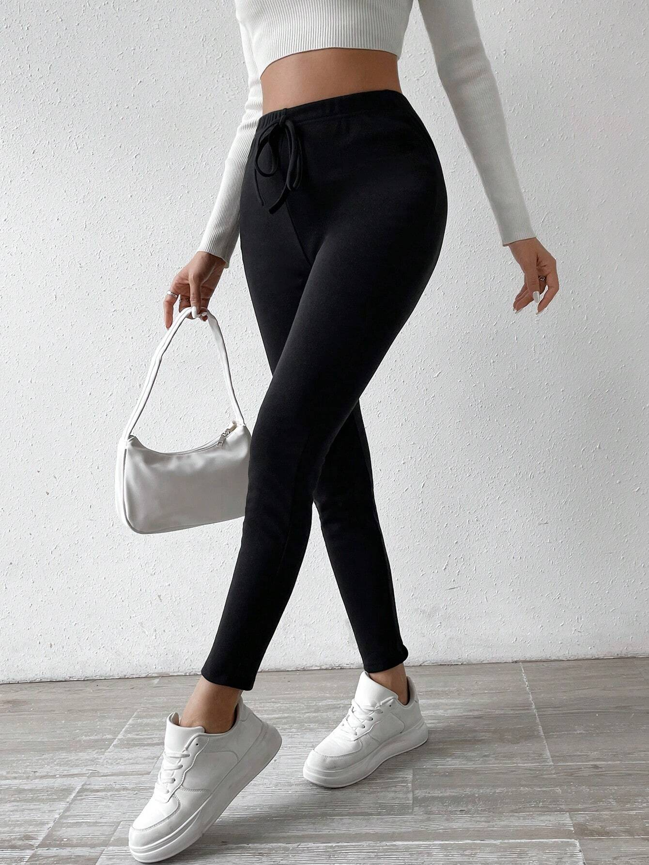 Women Knotted Waist Warm Lined Leggings