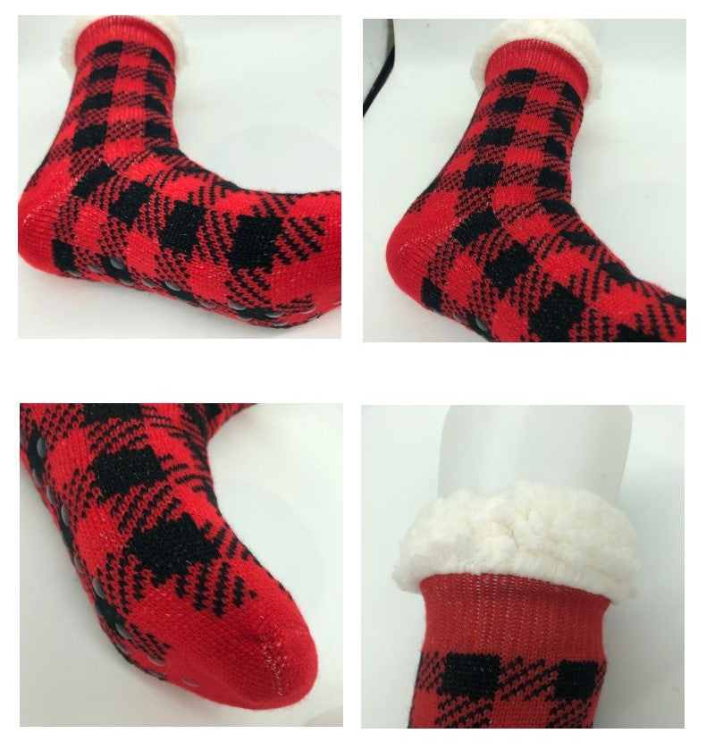 Plaid Thick Striped Sherpa Slipper Socks Leg Warmers For Cozy Home Sleep, Non-Slip Floor Socks For Autumn/Winter Women