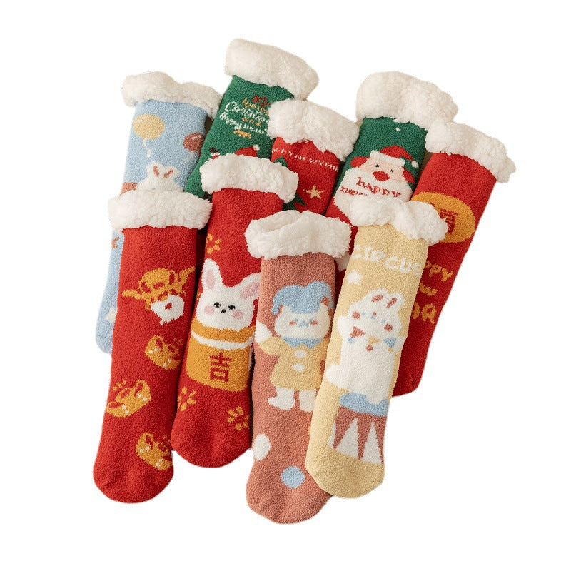 Lamb Velvet Socks Women's Winter Sleep Socks Silicone Non-Slip Floor Socks Christmas Red Socks
