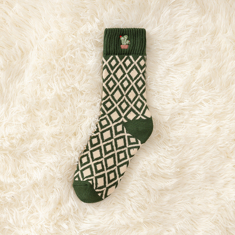 Christmas Green Plush Cotton Thick Embroidery Terry Sports Socks