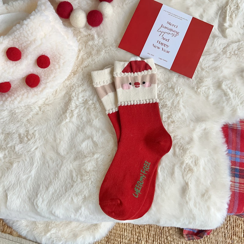 New Women's Mid Calf Socks Christmas Cute Cartoon Embossed Couple Socks Japanese Socks