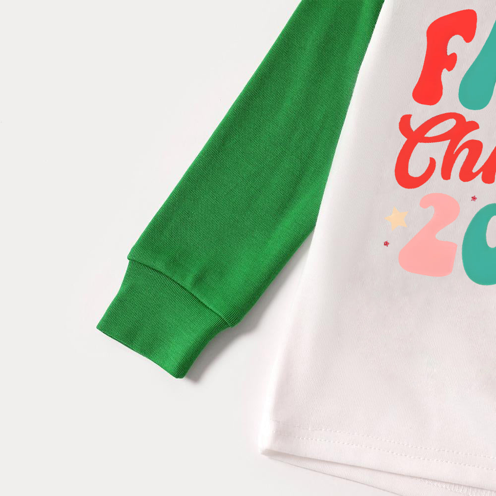 Christmas �� Family Christmas 2024�� Letter Print Patterned Casual Long Sleeve Sweatshirts Green Contrast Tops and Black and Green Plaid Pants Family Matching Raglan Long-sleeve Pajamas Sets With Dog Bandana