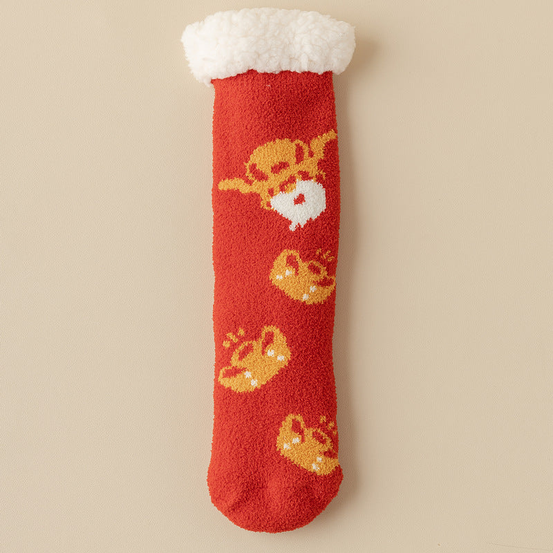 Lamb Velvet Socks Women's Winter Sleep Socks Silicone Non-Slip Floor Socks Christmas Red Socks
