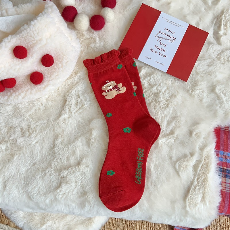 New Women's Mid Calf Socks Christmas Cute Cartoon Embossed Couple Socks Japanese Socks