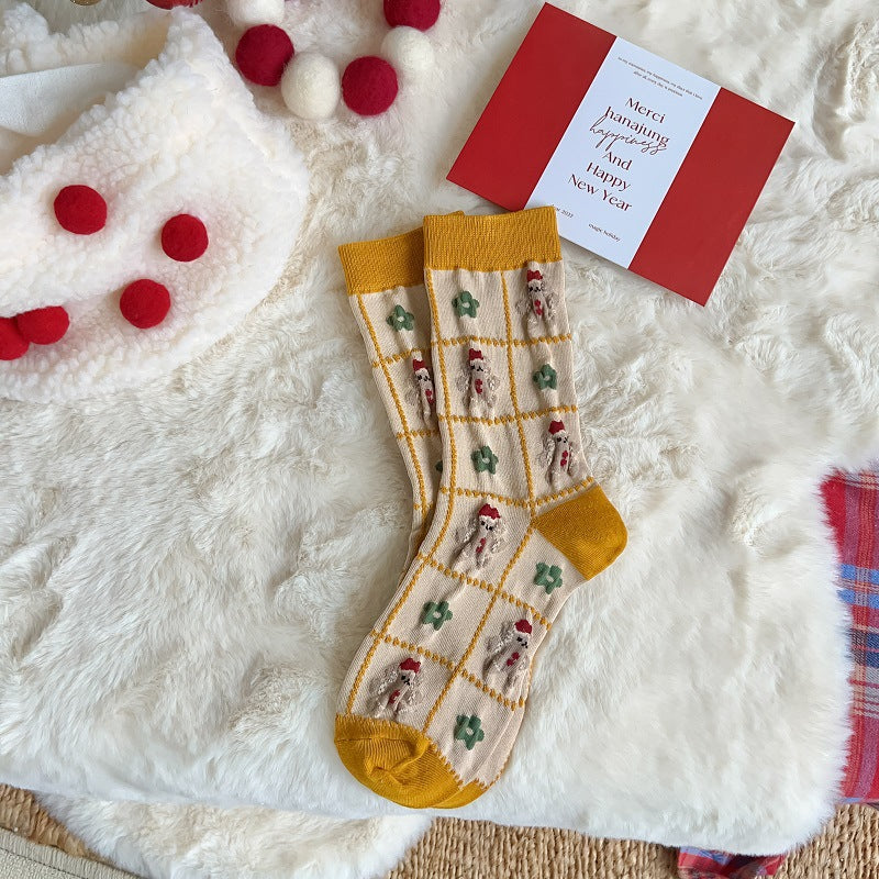 New Women's Mid Calf Socks Christmas Cute Cartoon Embossed Couple Socks Japanese Socks
