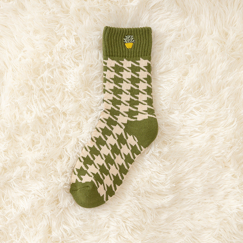 Christmas Green Plush Cotton Thick Embroidery Terry Sports Socks