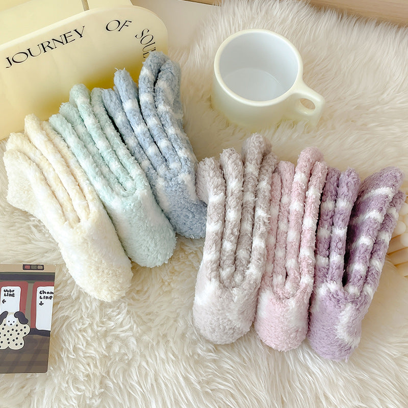 Cozy Winter Striped Women's Socks Thick, Non-Shedding Coral Fleece For Warmth, Leisure, And Sleep