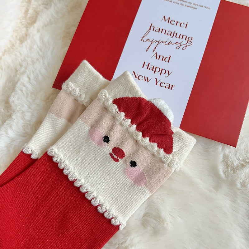New Women's Mid Calf Socks Christmas Cute Cartoon Embossed Couple Socks Japanese Socks