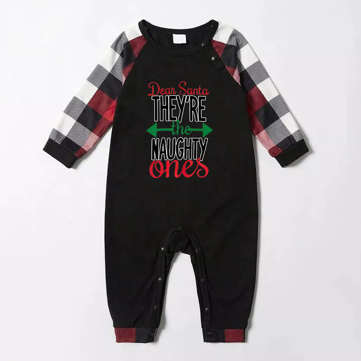 'Dear Santa They Are The Naughty One' Letter Print Casual Long Sleeve Sweatshirts Contrast Tops and Red & Black & White Plaid Pants Family Matching Pajamas Set With Dog Bandana