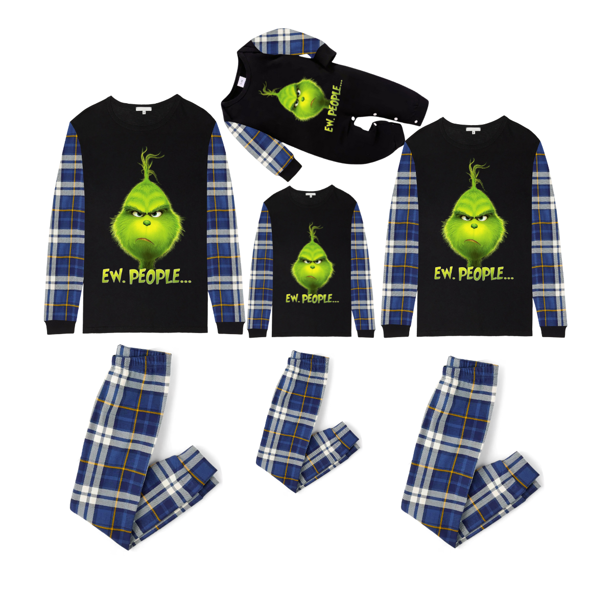 Grinch Ew, People... Matching Family Christmas Pajamas-Black Tops & Blue Plaid Pants