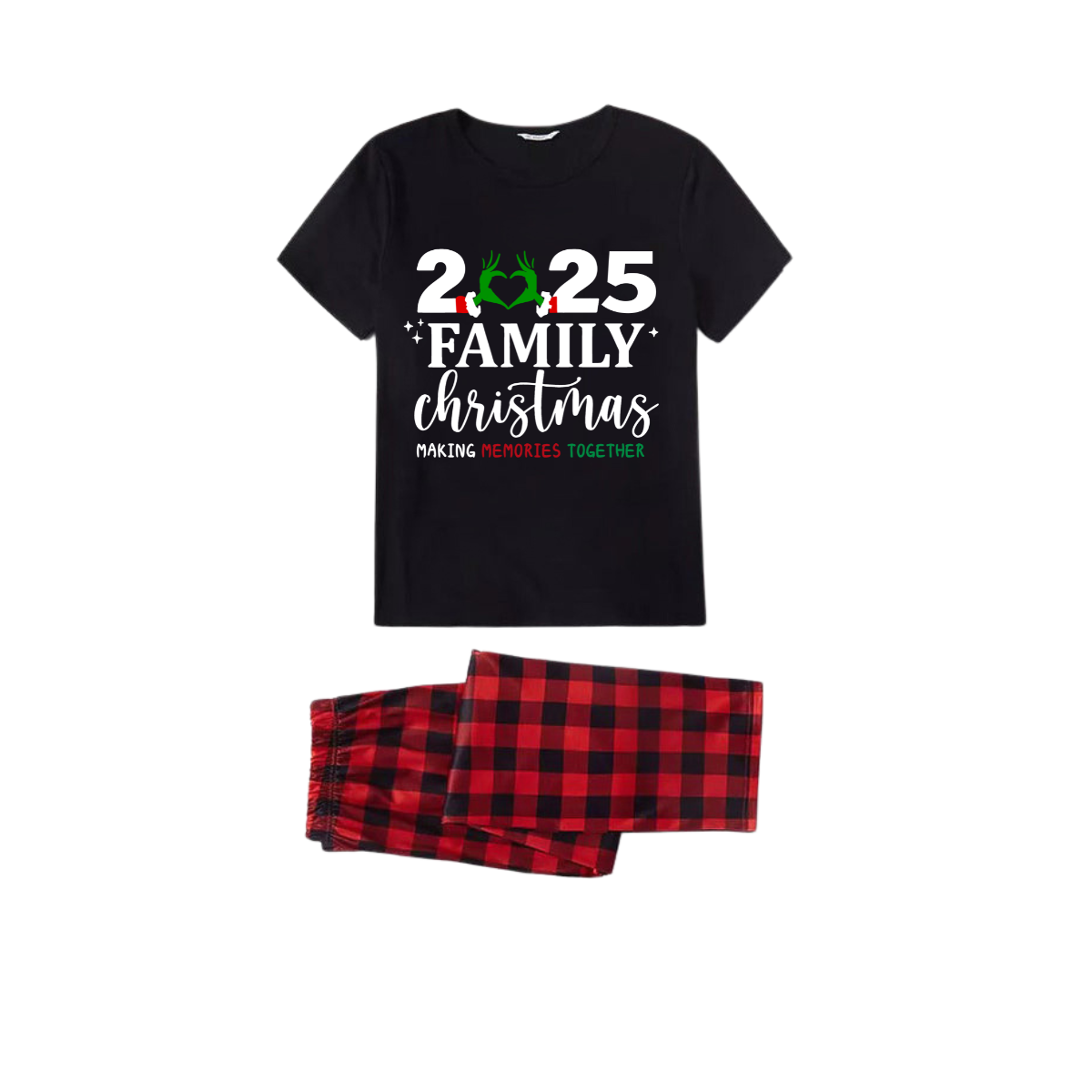 "2025 Family Christmas" Quirky Heart Letter Print Black Short Sleeve with Red & Black Plaid Pant Family Matching Pajamas