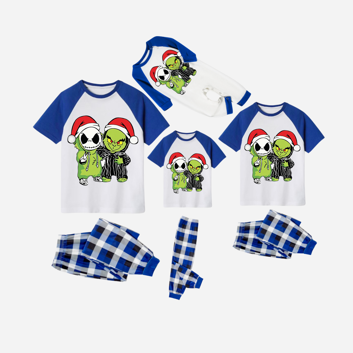 Blue Plaid Short Sleeve Christmas Pajamas Set With Grinch and Cartoon Pattern Print