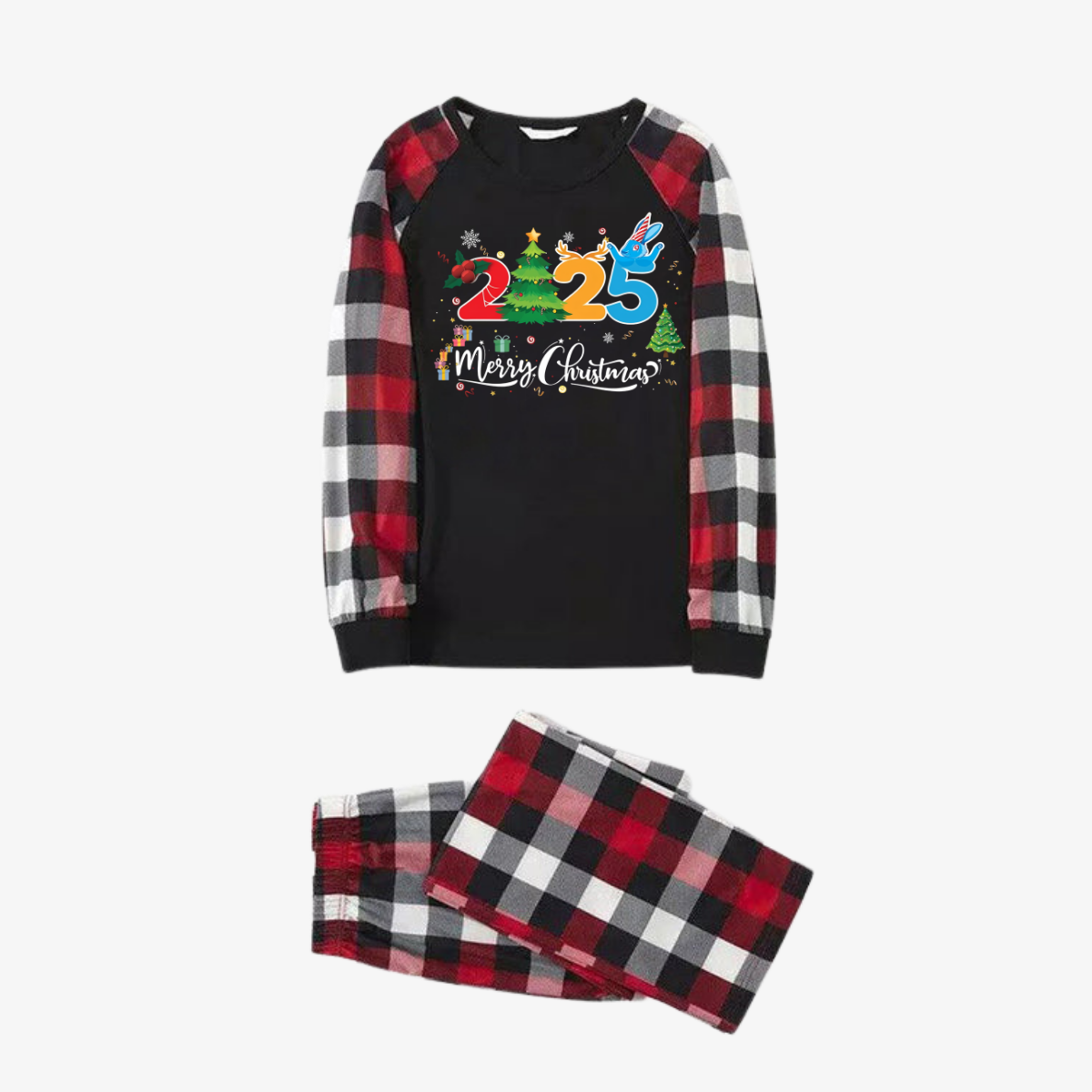 Red and Gray Plaid Christmas Pajamas Set With "2025 Merry Christmas" Text Print