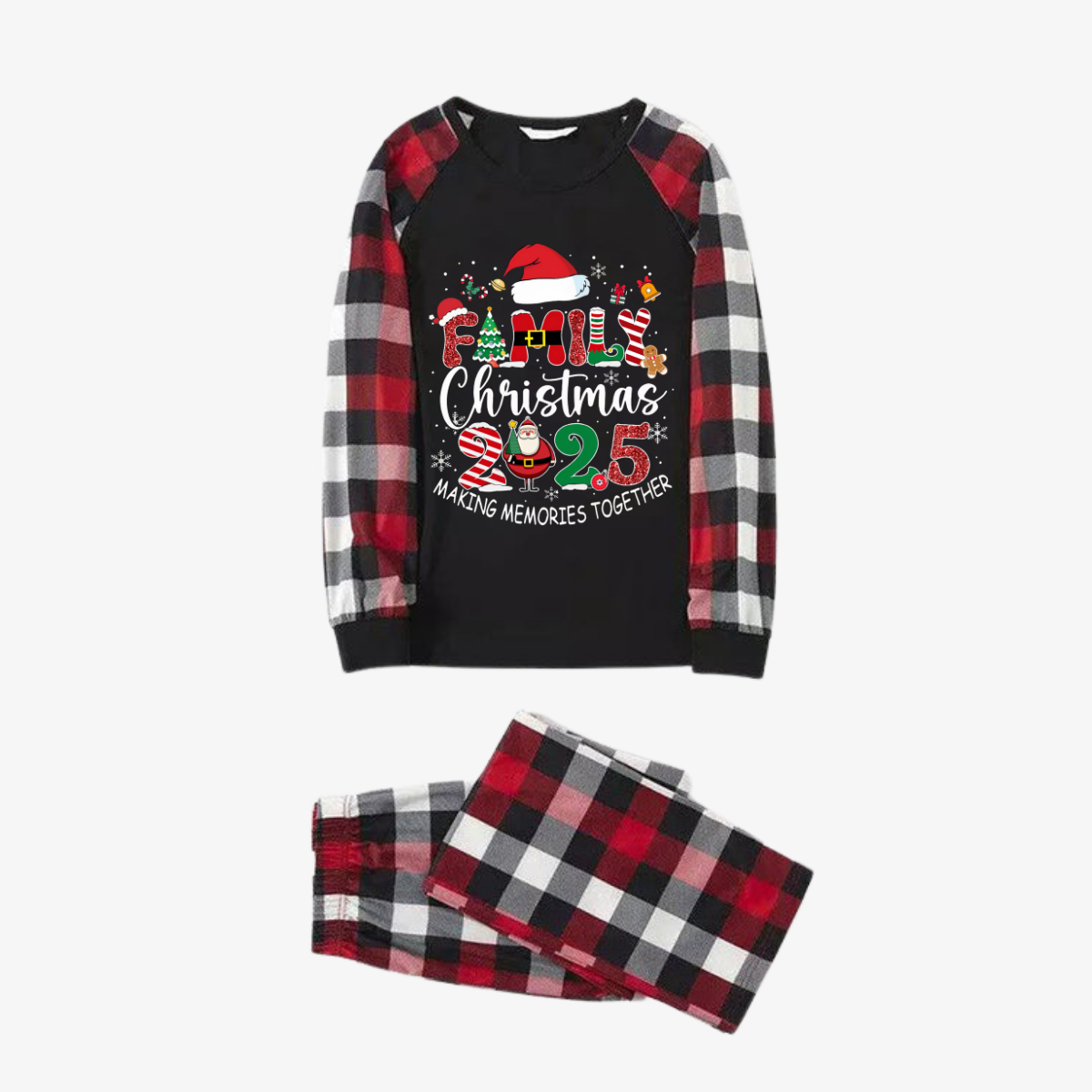 Red and Gray Plaid Christmas Pajamas Set With "Family Christmas 2025 Making Memories Together" Text Print