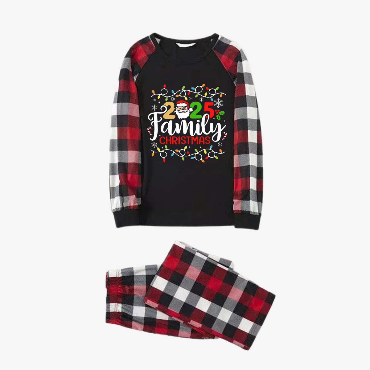 Red and Gray Plaid Christmas Pajamas Set With Christmas Light and "2025 Family Christmas" Text Print