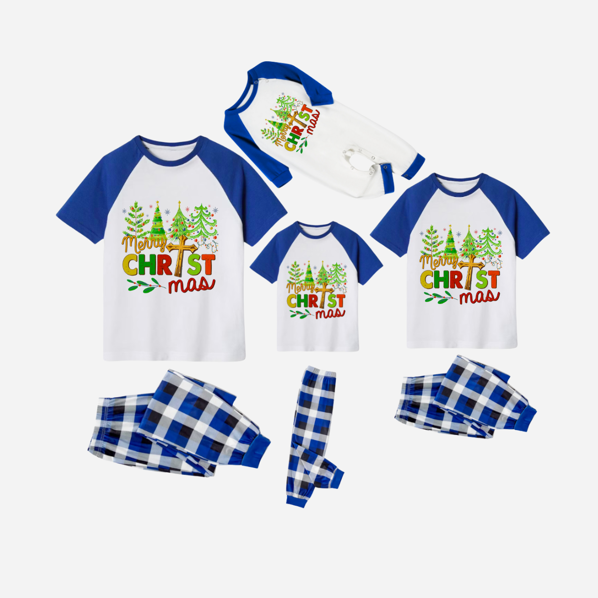 Merry Christmas Trees Family Christmas Pajamas Set - White Top with Blue Sleeves and Blue Plaid Pants