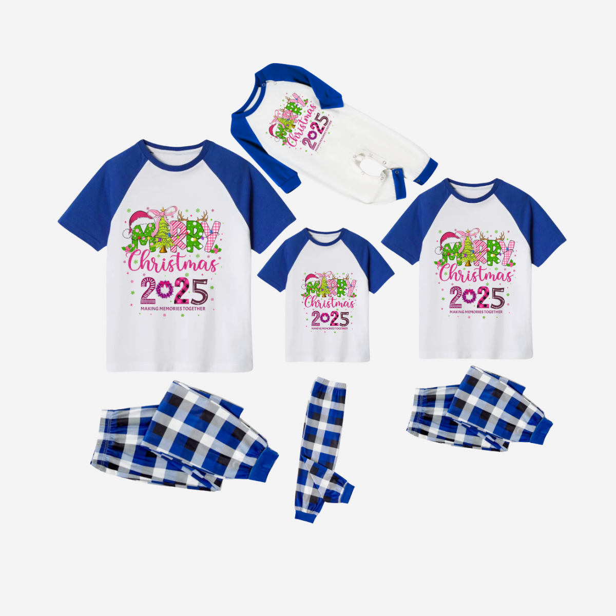 Merry Christmas 2025 Family Christmas Pajamas Set - White Top with Blue Sleeves and Blue Plaid Pants