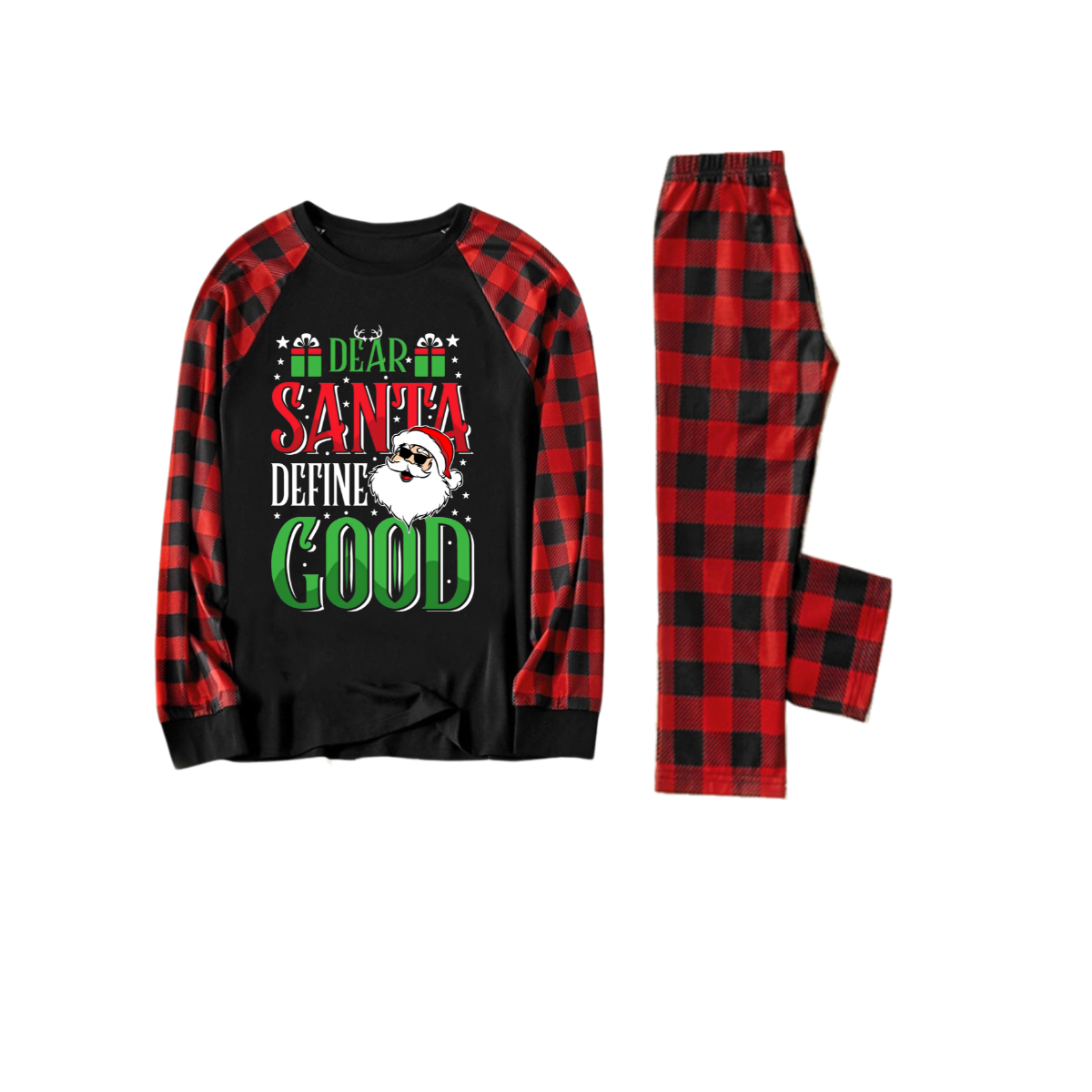 "Dear Santa Define Good" Slogan Printed Black and Red Plaid Christmas Matching Pajamas