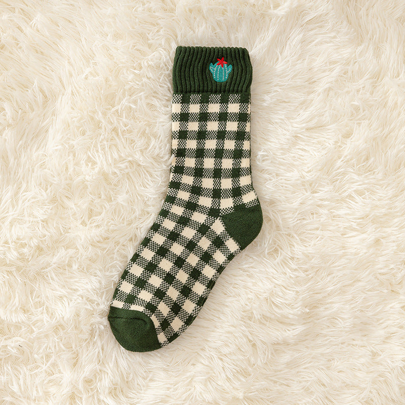 Christmas Green Plush Cotton Thick Embroidery Terry Sports Socks