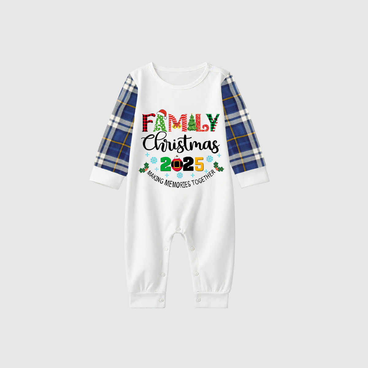 Christmas Gnomes Hanging with my Gnomies Family Pajamas Set - White Top, Blue Plaid Pants, Blue Sleeves, Gnome Print