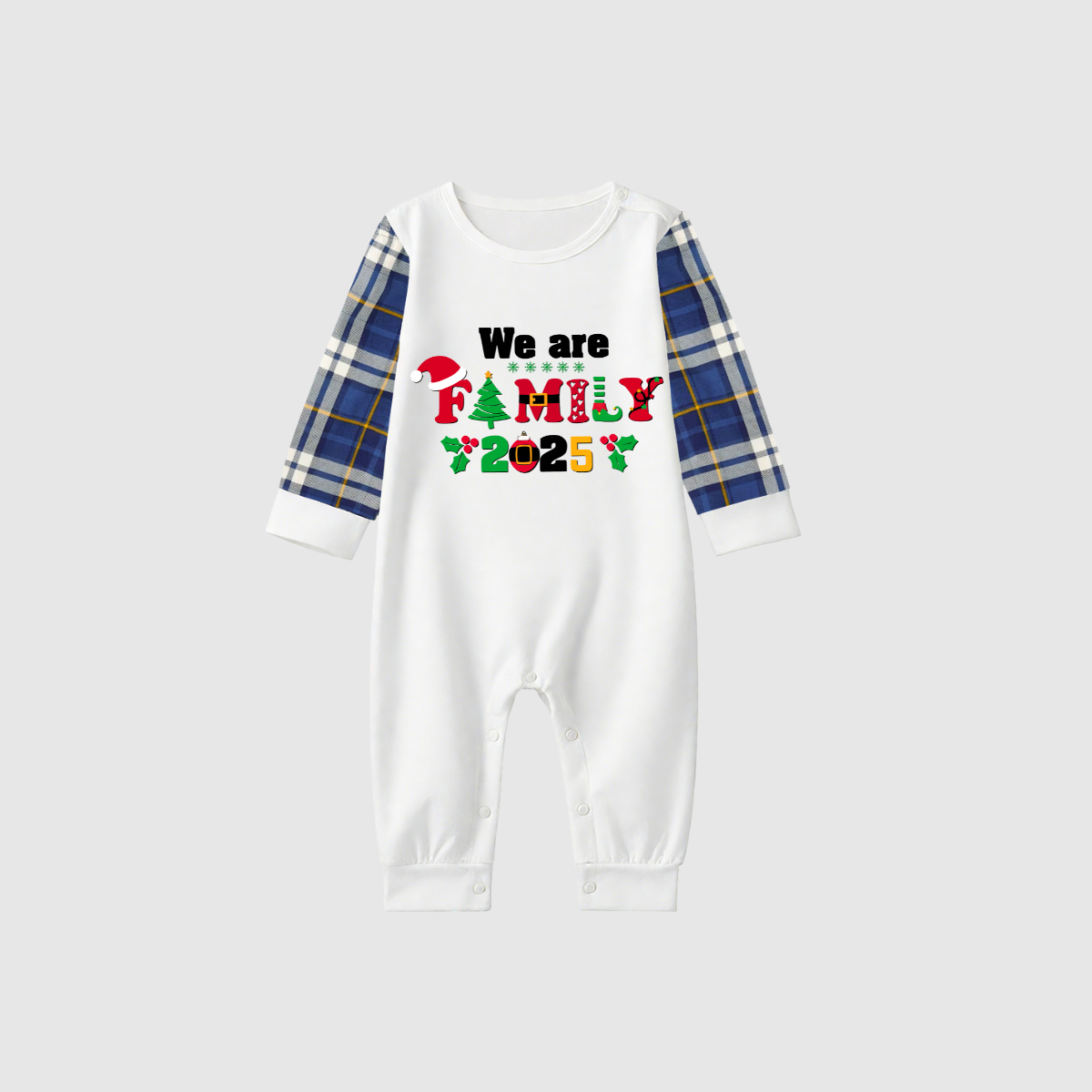 We Are Family 2025 Printed Blue White Plaid Contrast Sleeve Top And Plaid Pants Family Matching Christmas Pajamas Sets