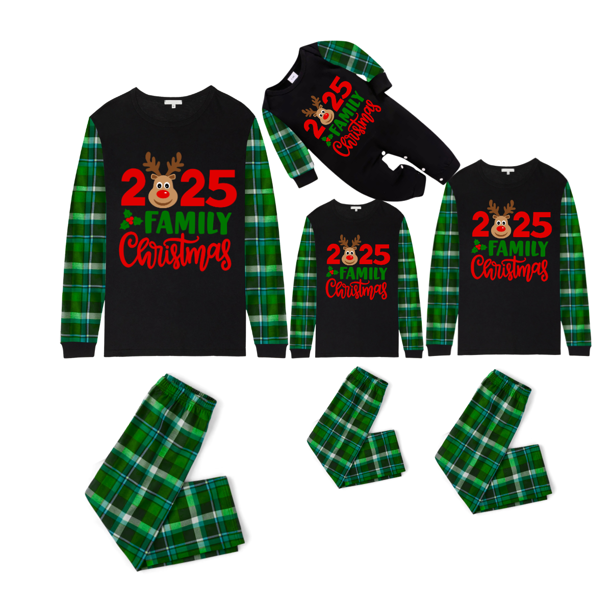 2025 Reindeer Family Christmas Family Pajamas Set - Black Top / Green Plaid Pants / Green Plaid Sleeves