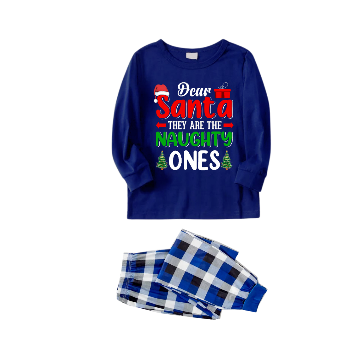 "Dear Santa They Are The Naughty Ones" Text Printed Blue and White Plaid Family Matching Pajamas