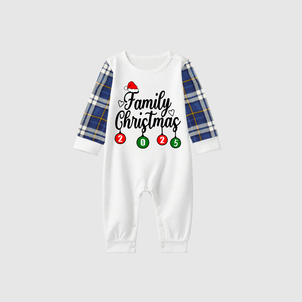 Family Christmas 2025 Pajamas Set - White Top / Green Buffalo Plaid