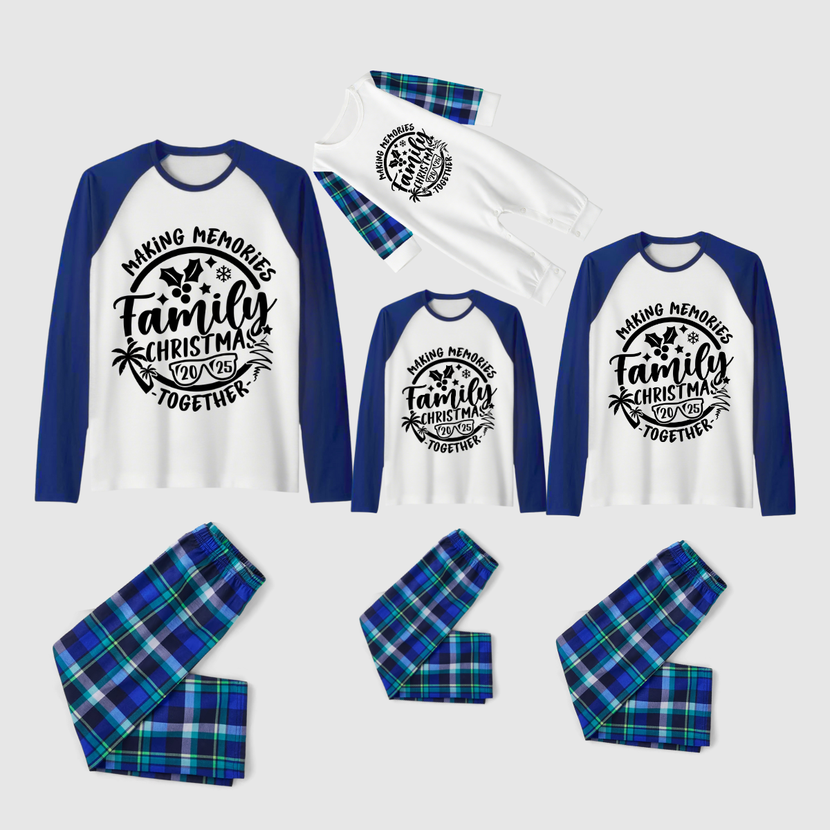 Making Memories Family Christmas Pajamas - White & Navy Blue Plaid