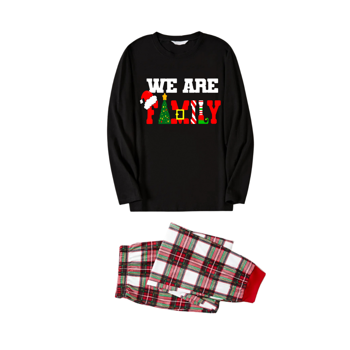 Christmas "We are Family" Text Print Black Long Sleeve Top with Red & White & Green Plaid Family Matching Pajamas