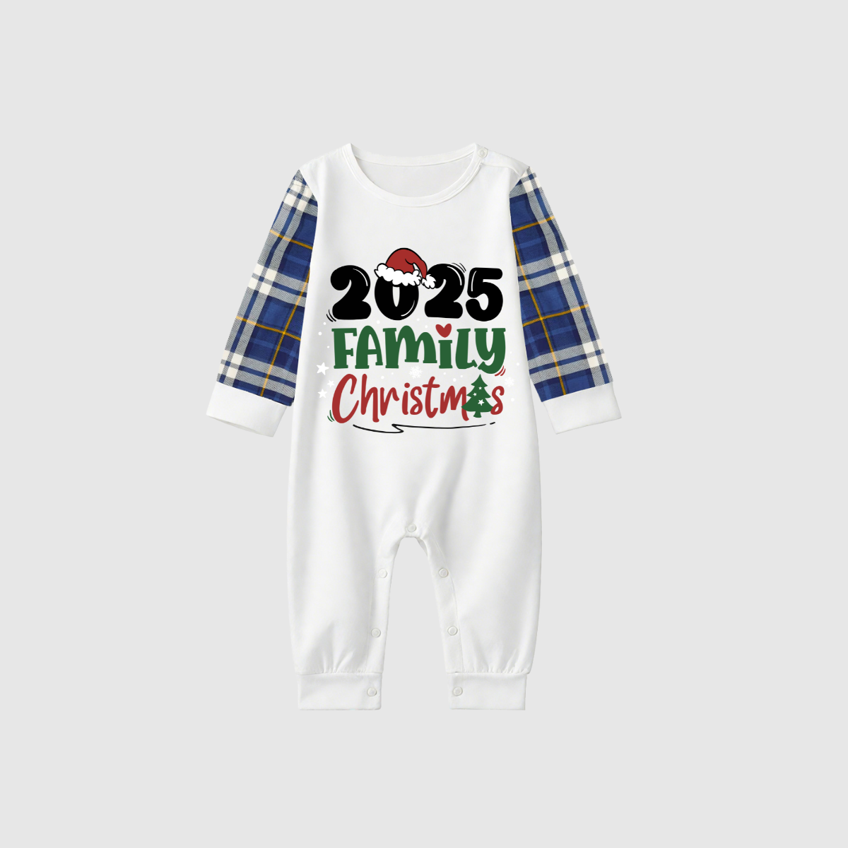 Merry Christmas 2025 Family Pajamas Set - White Top, Blue Plaid Pants, Solid Blue Sleeves, Santa Hat & Christmas Tree Print