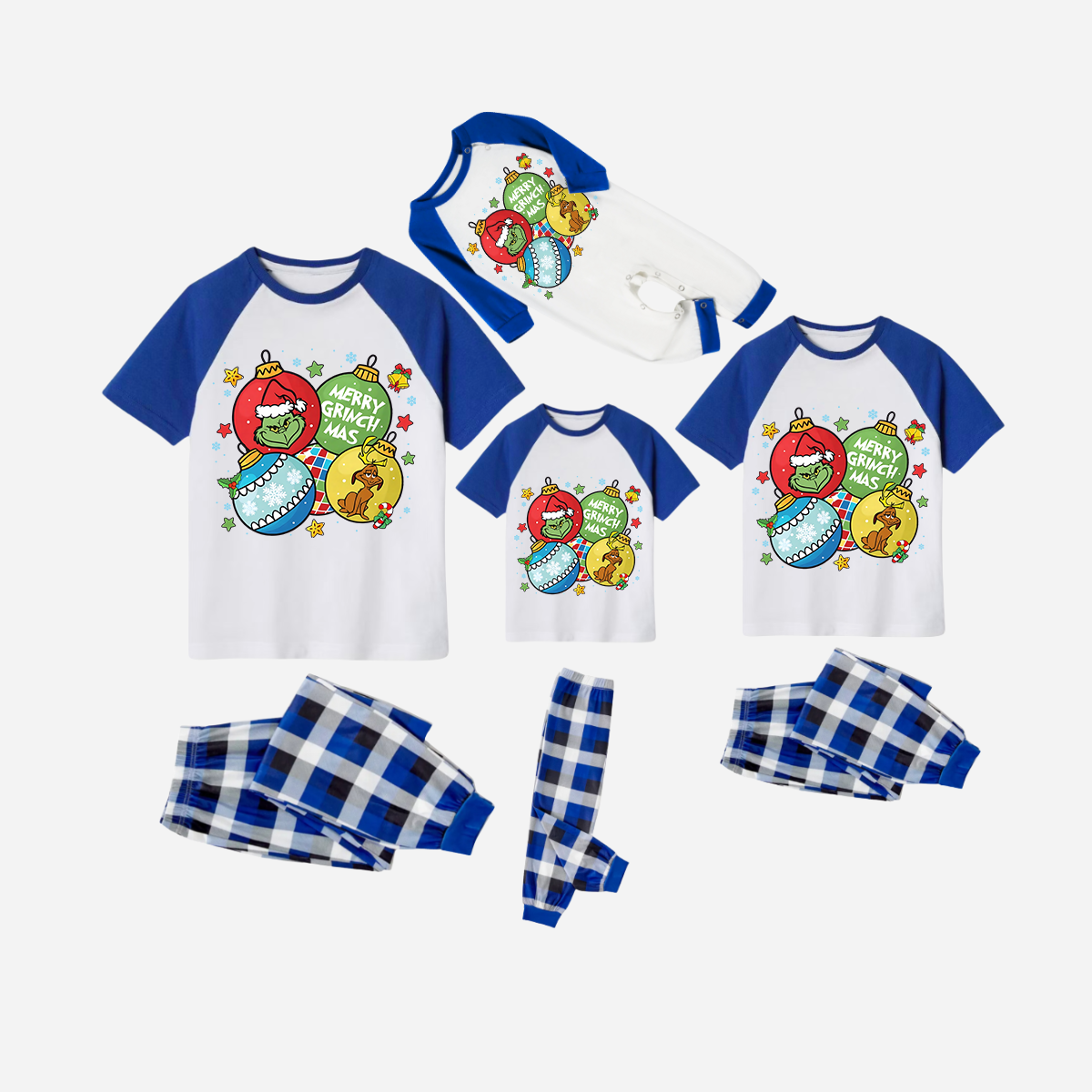 Blue Plaid Short Sleeve Christmas Pajamas Set With Ball Ornaments and Grinch Print