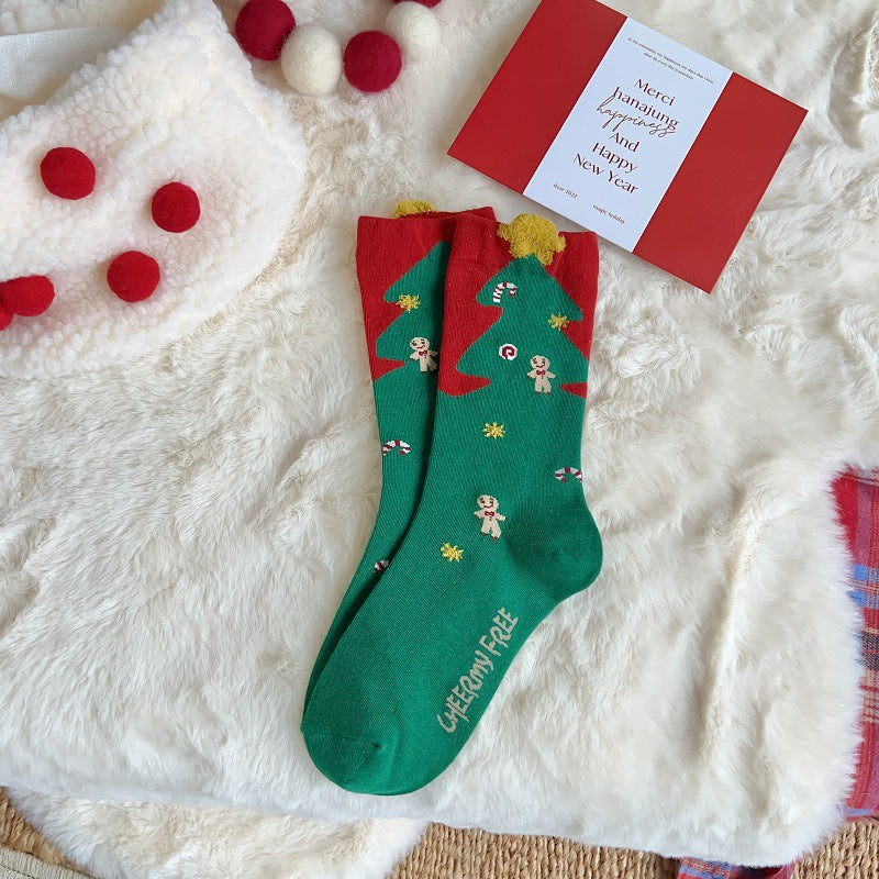 New Women's Mid Calf Socks Christmas Cute Cartoon Embossed Couple Socks Japanese Socks