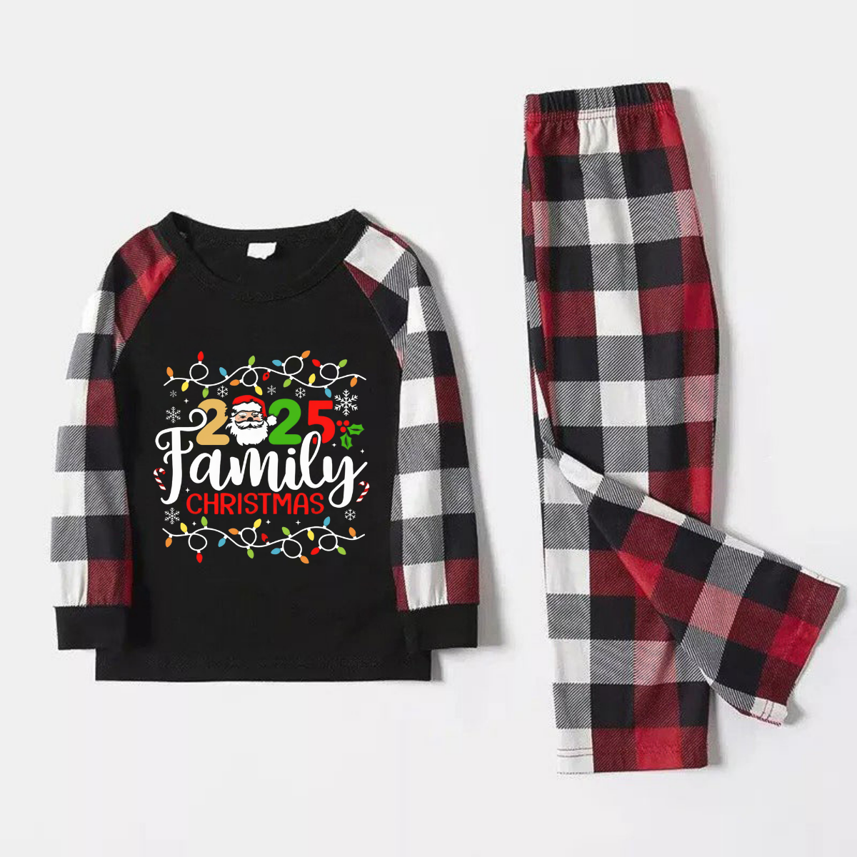 Red and Gray Plaid Christmas Pajamas Set With Christmas Light and "2025 Family Christmas" Text Print