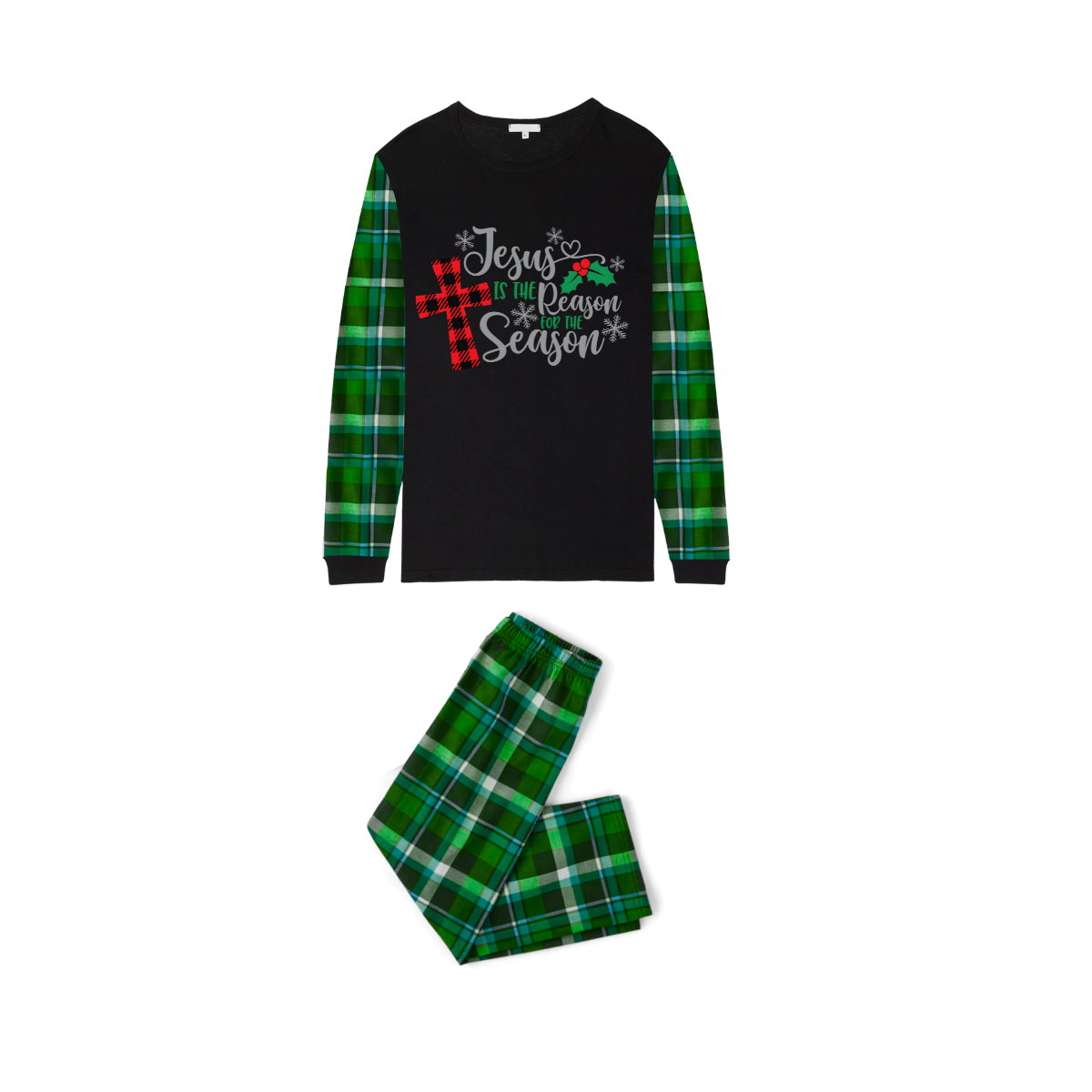Matching Family Christmas Pajamas Jesus Is the Reason, Green Plaid