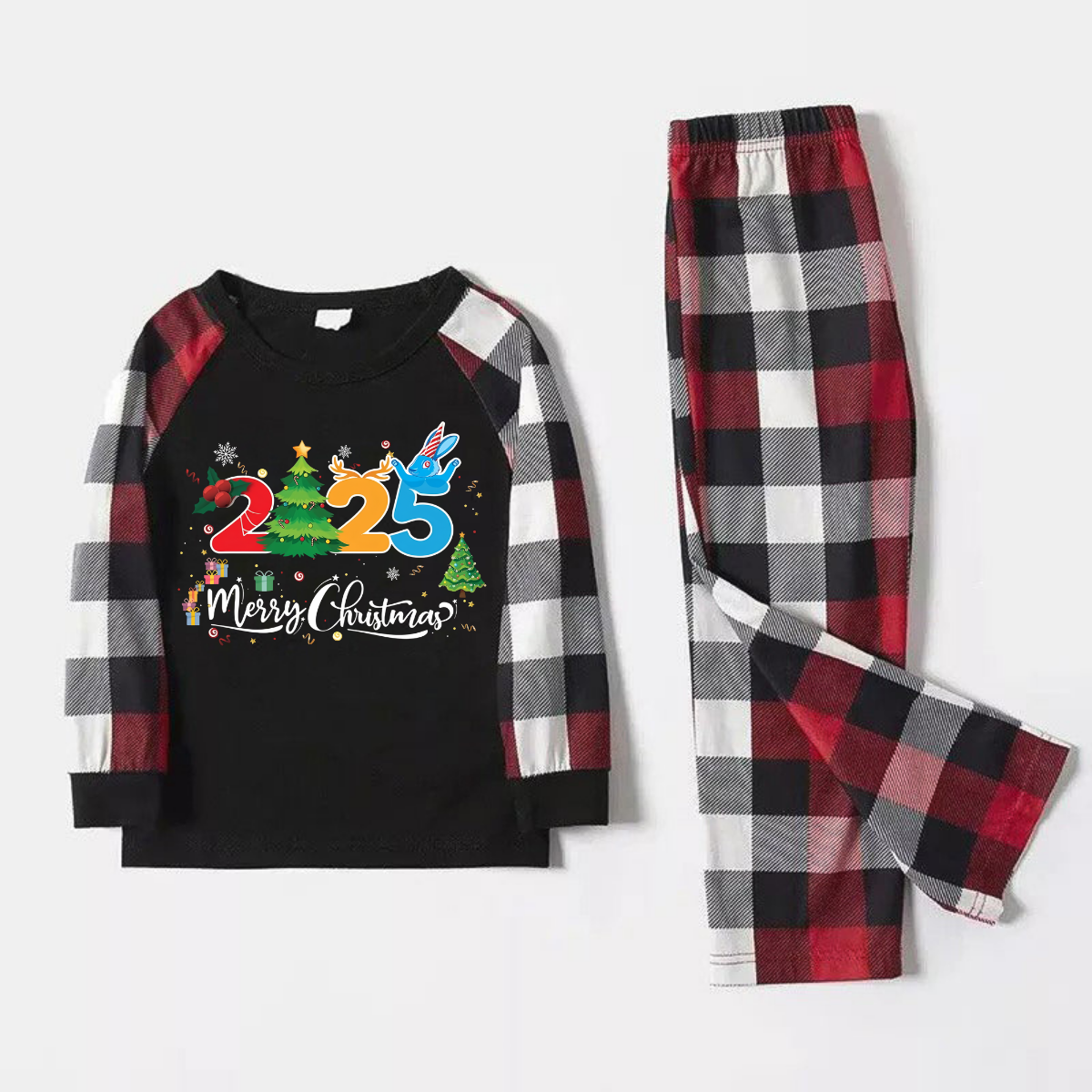 Red and Gray Plaid Christmas Pajamas Set With "2025 Merry Christmas" Text Print