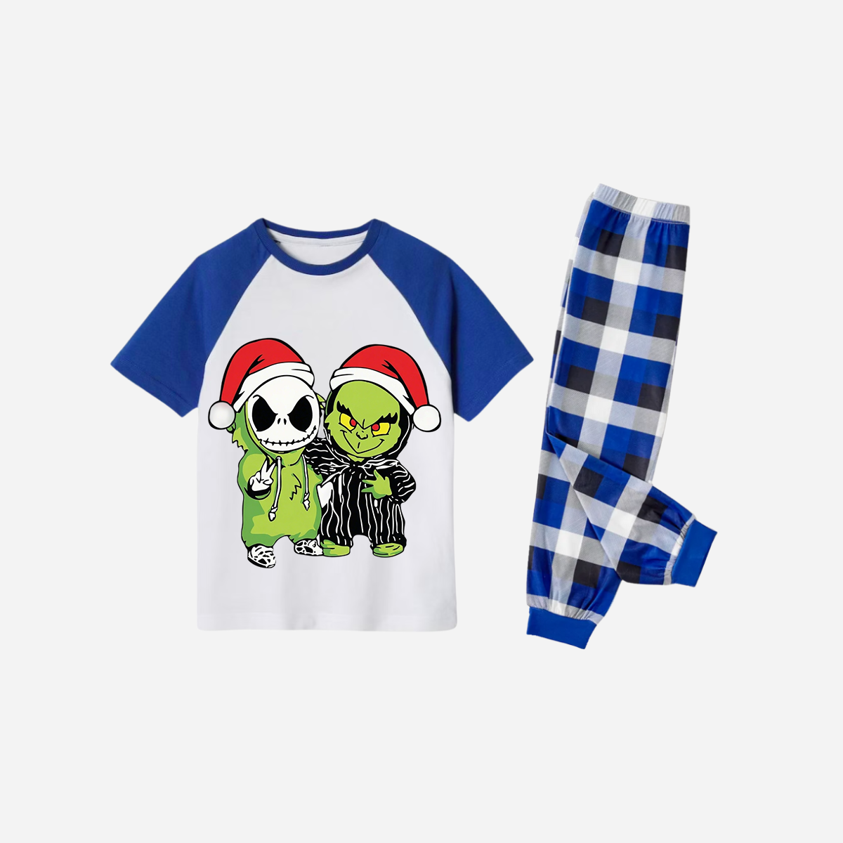 Blue Plaid Short Sleeve Christmas Pajamas Set With Grinch and Cartoon Pattern Print
