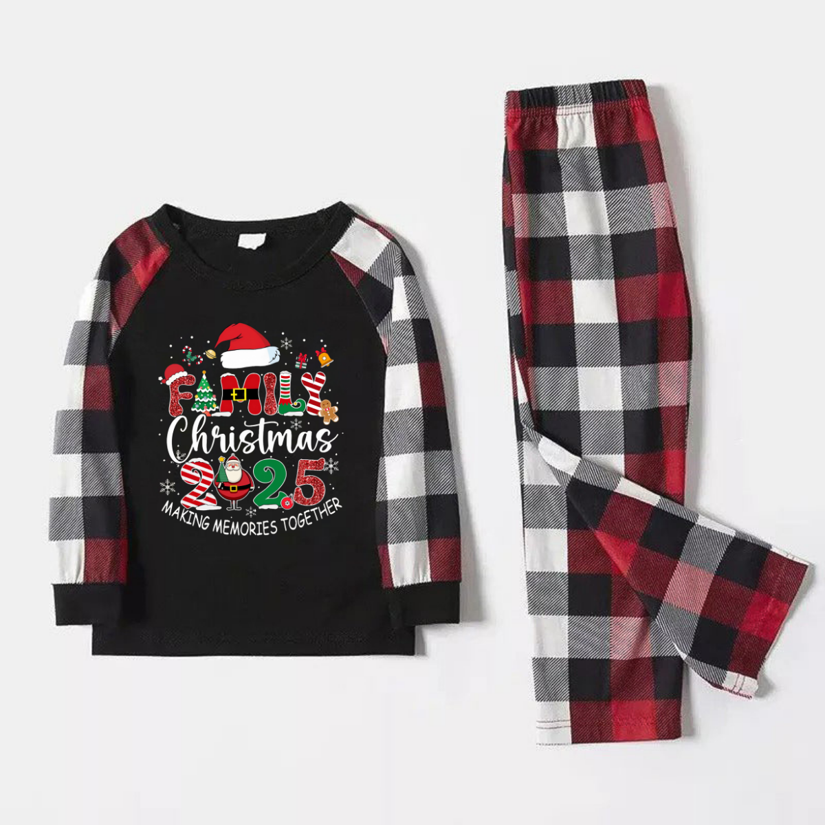 Red and Gray Plaid Christmas Pajamas Set With "Family Christmas 2025 Making Memories Together" Text Print