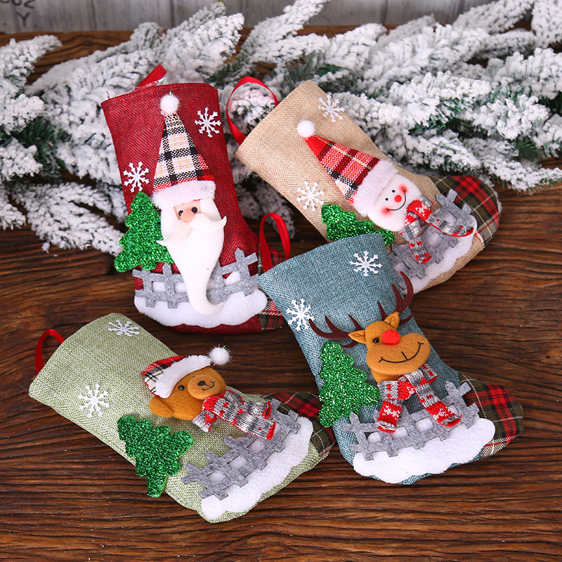 Christmas Tree Pendant Ornaments Santa Snowman Elk Bear with Scarf and Hat Linen Christmas Socks Gift Bags