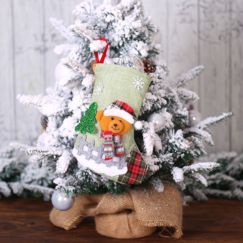 Christmas Tree Pendant Ornaments Santa Snowman Elk Bear with Scarf and Hat Linen Christmas Socks Gift Bags