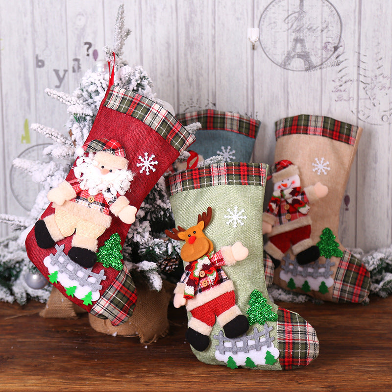 Christmas Decorations Dancing Santa Claus/Snowman/Elk Plaid Linen Christmas Socks