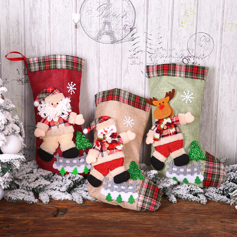 Christmas Decorations Dancing Santa Claus/Snowman/Elk Plaid Linen Christmas Socks